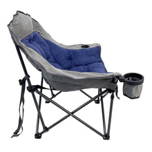 Folding camping chair with blue cushion, gray armrest fabric, side cup holders
