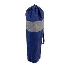 Navy and gray storage bag with drawstring closure and carry handle