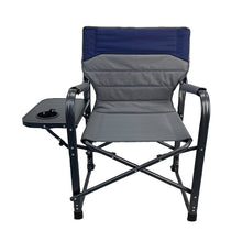 Blue and gray director's chair with padded backrest, seat, and black metal frame.