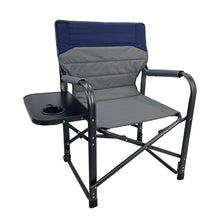 Blue and gray director's chair with side drink tray and black cross-braced frame.