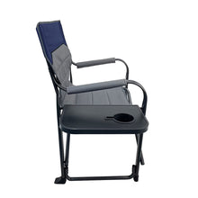 Blue and gray director's chair with curved armrests and black drink holder tray.