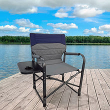Blue and gray director's chair with drink tray and padded seat on a black metal frame.