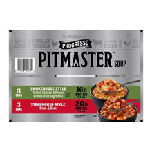 Pitmaster soup variety pack front showing 3 grilled chicken and 3 steak & bean cans