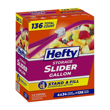 Gallon slider bag box with Hefty branding, 136 total count, stand & fill bottom