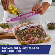 Clear gallon food storage bag with purple slider, Hefty label, sealing hands
