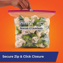 Clear freezer bag with purple slider closure, Hefty label, filled broccoli & cauliflower