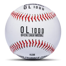 White practice baseball with red stitched seams and OL 1000 text
