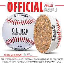 Practice baseball set with one showing cork/rubber core cross-section