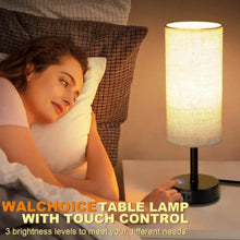 Touch table lamp with warm linen drum shade and black base