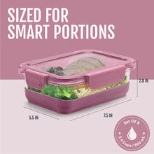 Pink glass food storage container with snap lid, sized for smart portions