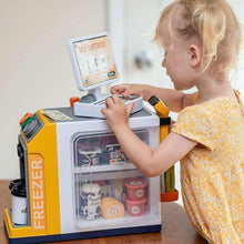 Kids cash register toy in yellow and gray with self checkout screen and front window