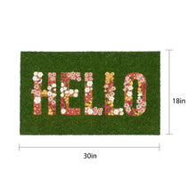 Outdoor coir doormat, green with floral “HELLO” lettering, 30 in x 18 in