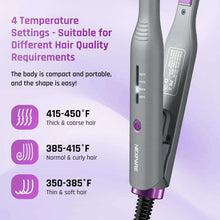 2-in-1 mini hair straightener, compact gray handle with purple temperature control