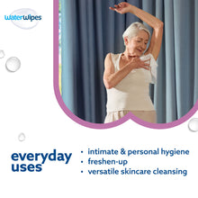 Adult using WaterWipes wet wipe for everyday intimate hygiene; hand and wipe visible