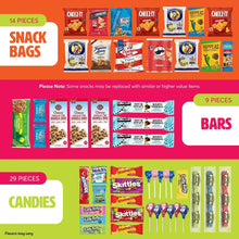 Snack assortment packaging graphic showing 14 snack bags, 9 bars, and 29 candies
