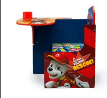 Kids chair desk with PAW Patrol storage bin, orange tabletop, blue sides, red front pocket