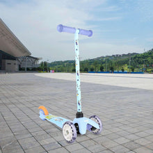 3-wheel light-up toddler scooter with blue handlebar and patterned stem