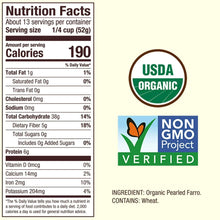 Organic farro grain nutrition facts with USDA organic and Non-GMO marks