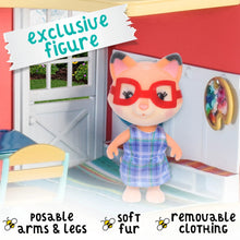Fox figure with red glasses and plaid dress on miniature dollhouse interior floor
