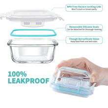 Glass meal prep container with blue locking lid and removable silicone seal, shown in hand