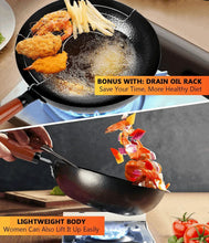 Black wok pan with drain oil rack, frying breaded pieces and vegetables in oil