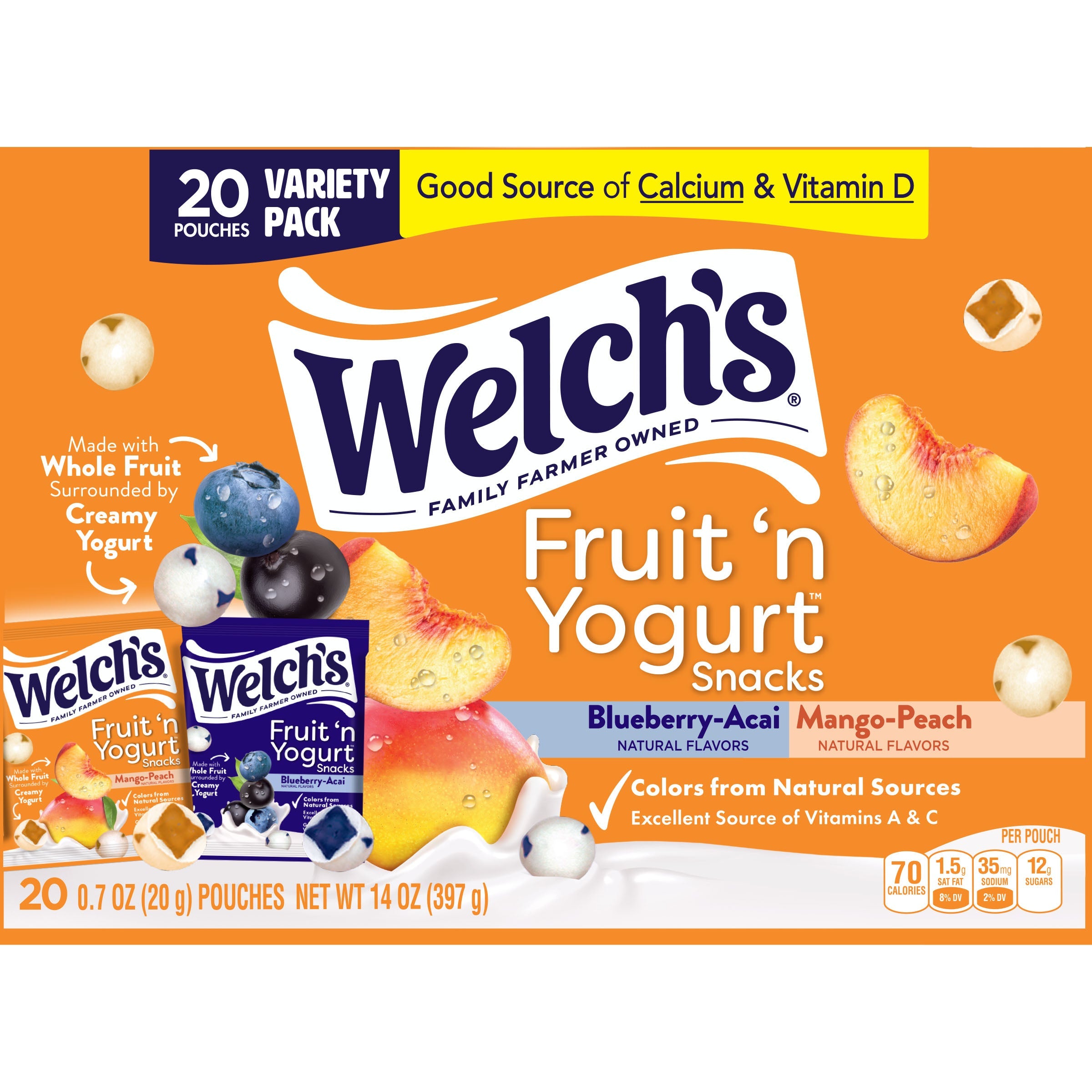 Welch's Fruit 'N Yogurt Blueberry-Acai. & Mango-Peach Soft Fruit Snacks, .7 oz, 20 Count