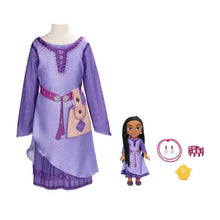 Lavender dress with long sleeves and purple trim plus matching small doll and accessory pieces