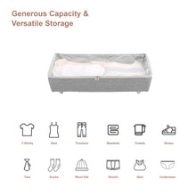 Gray under-bed rolling storage bin with open top and zipper, plus item icons for sorting