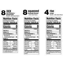 Three nutrition facts labels for XXX, squeezed, and rise zero sugar flavors