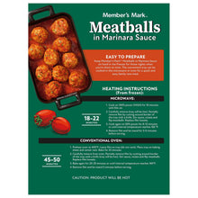 Member's Mark meatballs in marinara sauce package with microwave and oven heating instructions