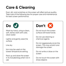 Projector screen care and cleaning instruction card with do and dont sections