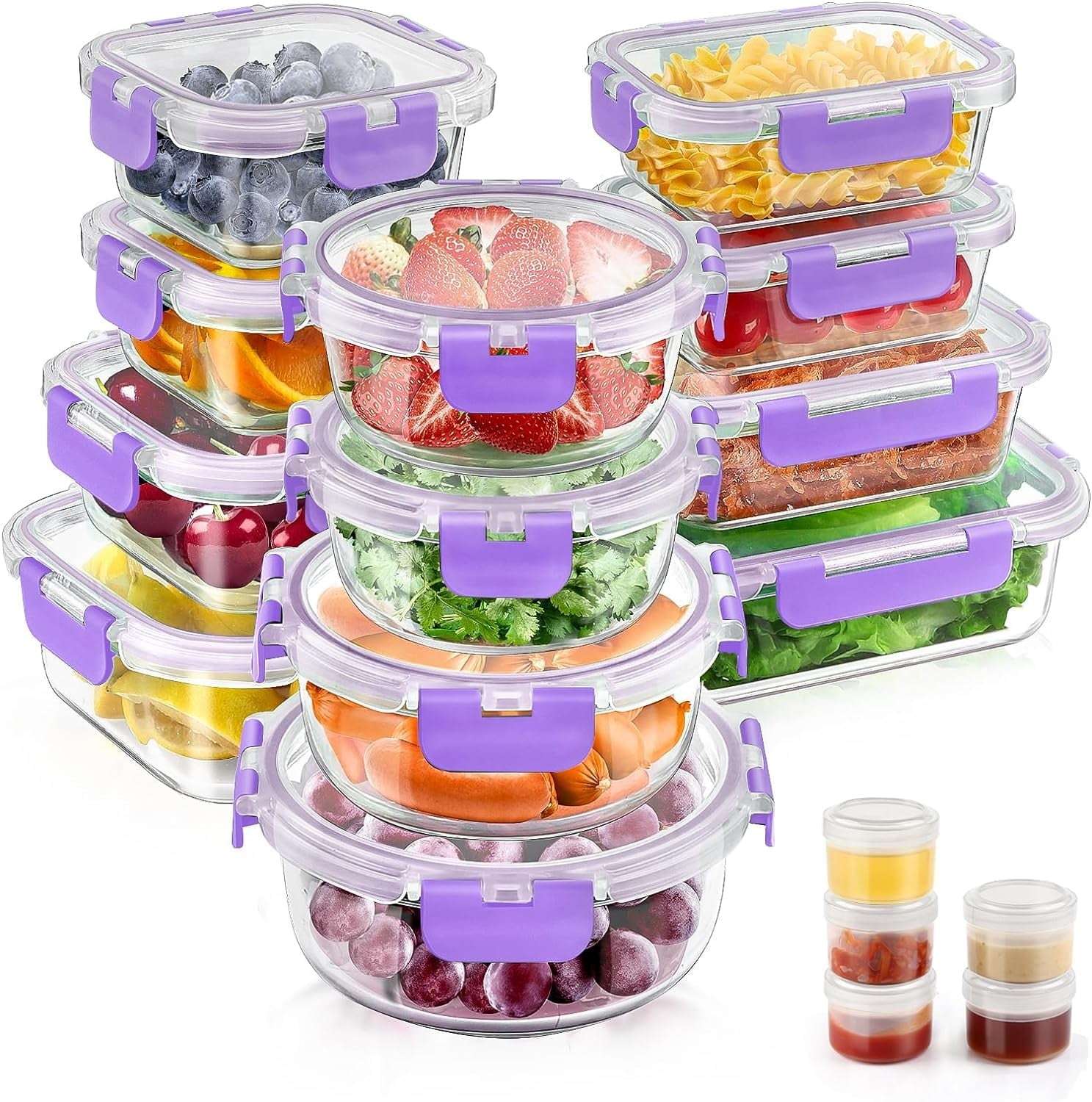 34pcs Glass Food Storage Containers with Lids Set, Airtight Meal Prep Containers (17 Containers & 17 Lids), Black