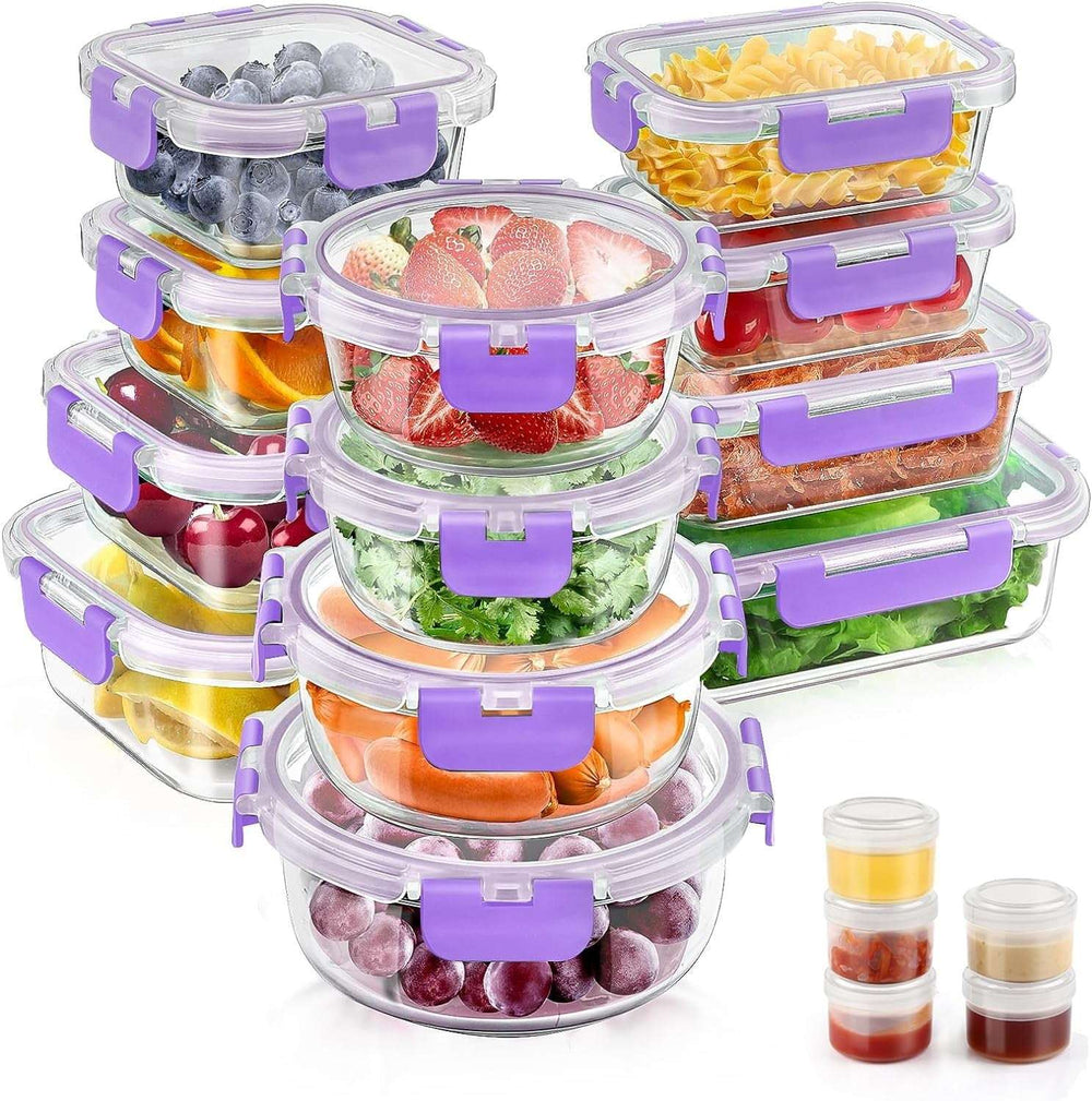 34pcs Glass Food Storage Containers with Lids Set, Airtight Meal Prep Containers (17 Containers & 17 Lids), Black