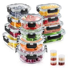 34pcs Glass Food Storage Containers with Lids Set, Airtight Meal Prep Containers (17 Containers & 17 Lids), Black