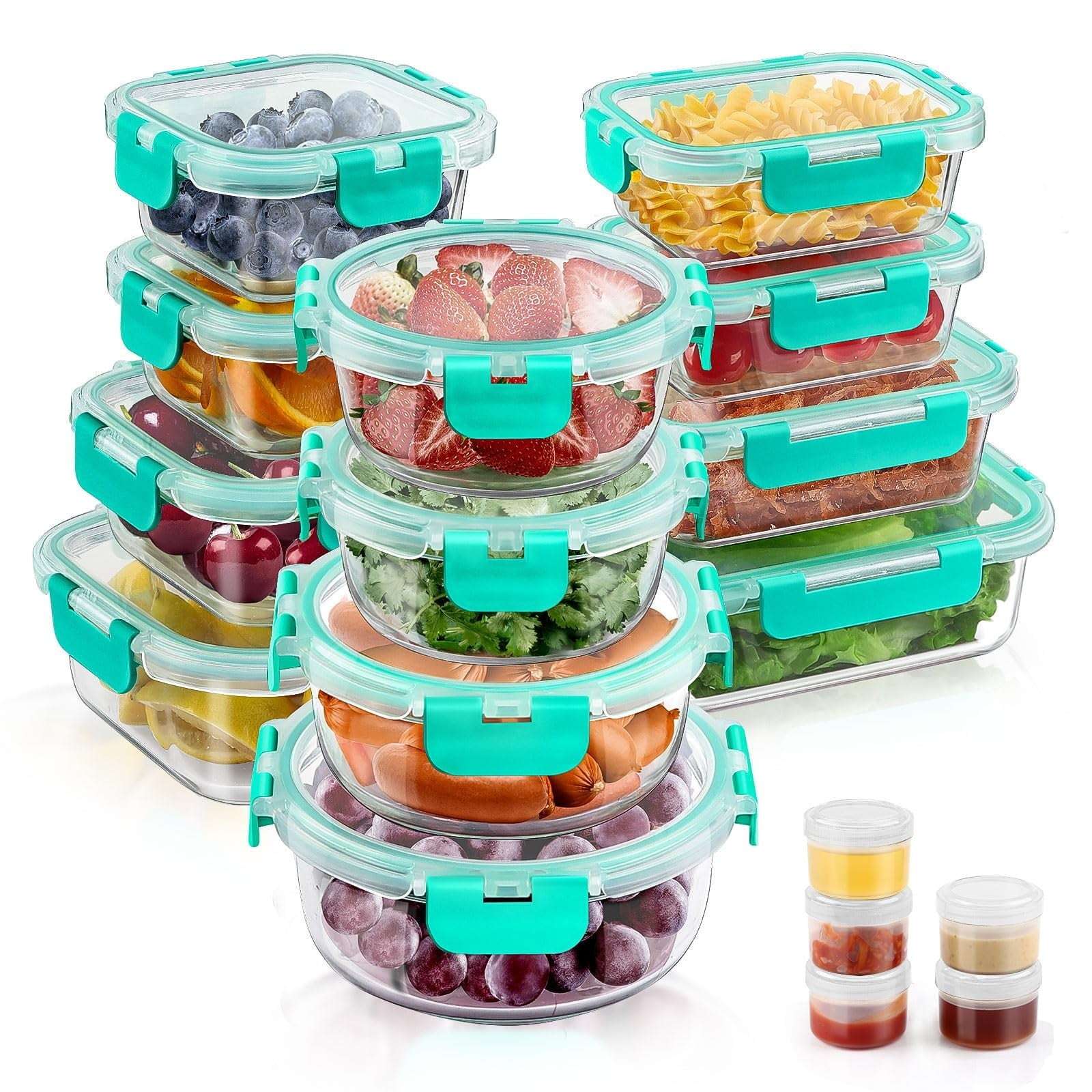 34pcs Glass Food Storage Containers with Lids Set, Airtight Meal Prep Containers (17 Containers & 17 Lids), Black