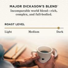 Roast level chart for dark roast whole bean coffee with cup in background