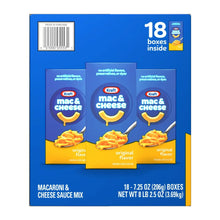 Kraft mac & cheese dinner box showing 18 boxes inside, original flavor and barcode.