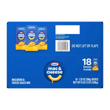 Kraft mac & cheese dinner box back with barcode and handling text, 18 boxes inside.