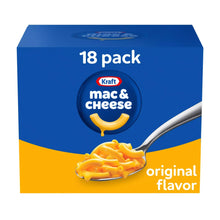 Kraft mac & cheese dinner box, blue and yellow, 18 count, original flavor.