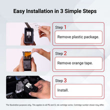 Black ink cartridge installation steps in three panels: remove package, tape, install