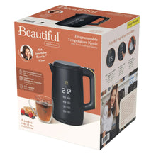Electric kettle product box with kettle shown and programmable temperature icons