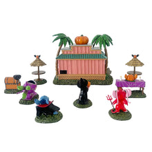 Disney Stitch Halloween hut set viewed from behind, with figures, palm trees and tables