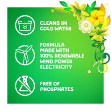 Green Gain laundry detergent marketing card showing cold-water cleaning and renewable energy