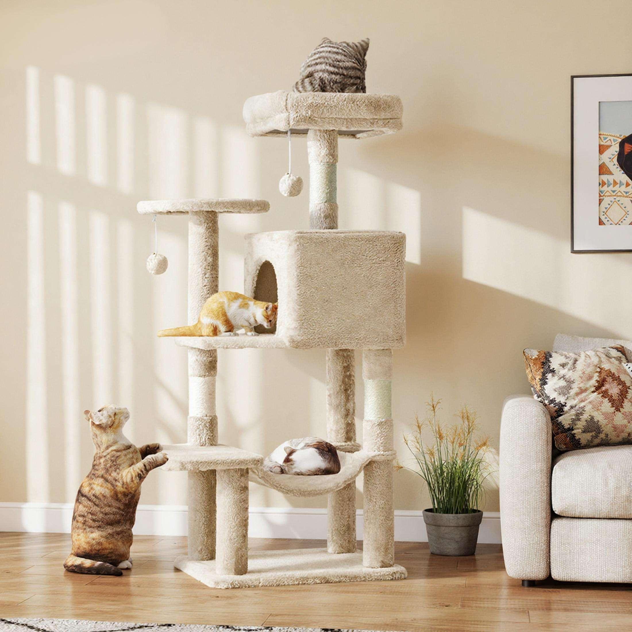 EDX 44" Cat Tree Tower for Indoor Cats, Multi-Level Durable Climbing Tower, Pet House with Natural Sisal Scratching Post, Cozy Condo, Extended Platform, Kitten Toy and Hammock, Beige - USA MEGA SHOP