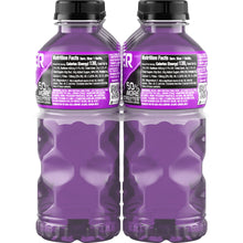 POWERADE Grape 20 oz bottles, back labels with Nutrition Facts, black caps, purple.