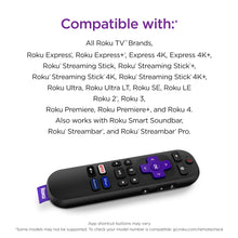 Black Roku voice remote with purple navigation pad and app shortcut buttons