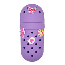 Purple silicone charm pencil case with bunny and heart appliques, black dot pattern