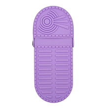 Purple silicone charm pencil case back with textured grid and circular arcade pattern
