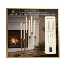 LED taper candle set with brass holders, 12 wax-style candles and wireless remote