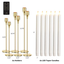 LED taper candles with six gold brass holders and wireless remote, shown with sizes